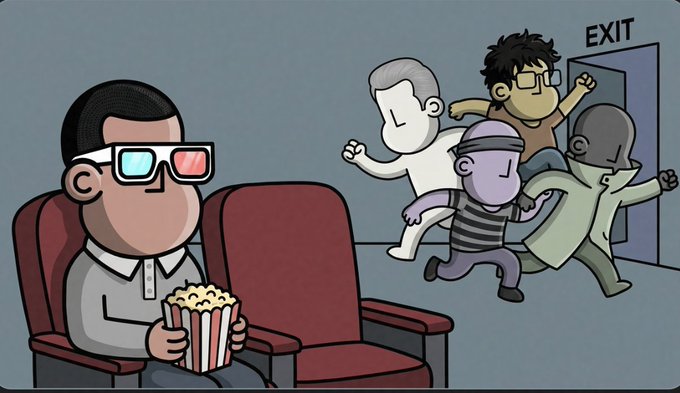 A cartoon depicts a man wearing 3D glasses, calmly eating popcorn in a theater seat, while other people panic and rush toward the EXIT sign behind him. This illustrates the post's message that selling an NPC token now is like leaving the movie early and missing out, with the poster sarcastically encouraging others to keep selling so they can buy more.