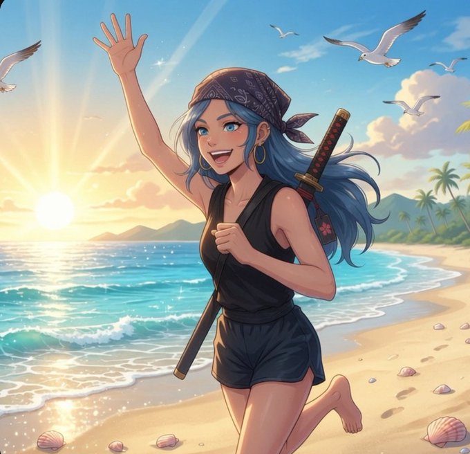 An anime-style illustration of a smiling blue-haired girl wearing a black bandana, black outfit, and carrying a katana, running on a tropical beach with seagulls flying overhead.