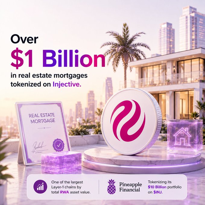 A promotional graphic announces 'Over $1 Billion in real estate mortgages tokenized on Injective,' featuring an Injective coin, a real estate mortgage document, and branding for Pineapple Financial tokenizing a $10 Billion portfolio on $INJ.
