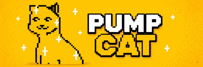 A pixel-art illustration of a smiling cat in black outline on a yellow background with white sparkle accents, displayed alongside the bold pixelated text "PUMP CAT." This banner design ties into the Solana token $PCAT by combining the memecoin's name and cat mascot into a vibrant, retro-style logo.