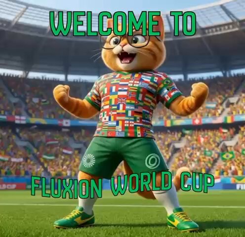 The image features an orange cat wearing a soccer uniform with different colored flags on its shirt, standing on a field of grass. The text "Welcome To" is written above the cat's head, indicating that they are about to play soccer together. The background shows a stadium filled with people watching the game, and there is also a banner in the image promoting a soccer event or league.