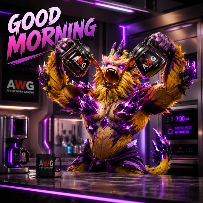 AI-generated promotional artwork for 'AWG (After Work Gaming)' featuring a fierce yellow-furred monster with purple crystal spikes pouring coffee from two carafes, with 'Good Morning' text and a 'Coffee Mode Activated' clock display.