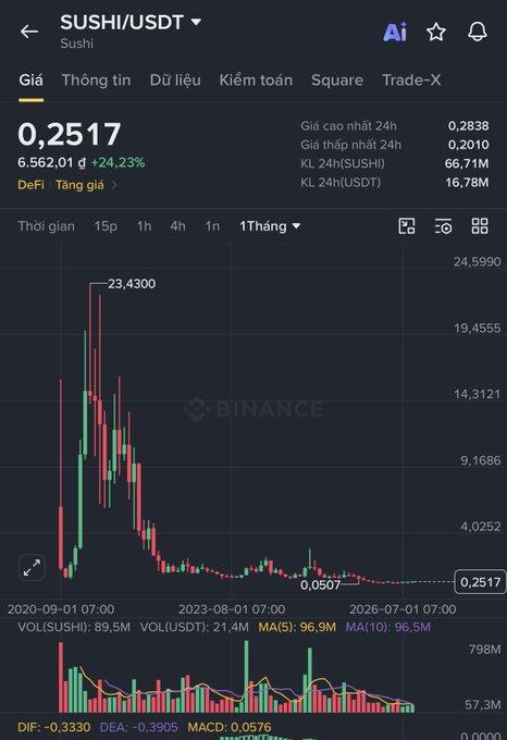 A Binance price chart for the SUSHI/USDT trading pair showing a current price of 0.2517, displaying 1-month candlestick data with a dramatic drop from a high of 23.4300.