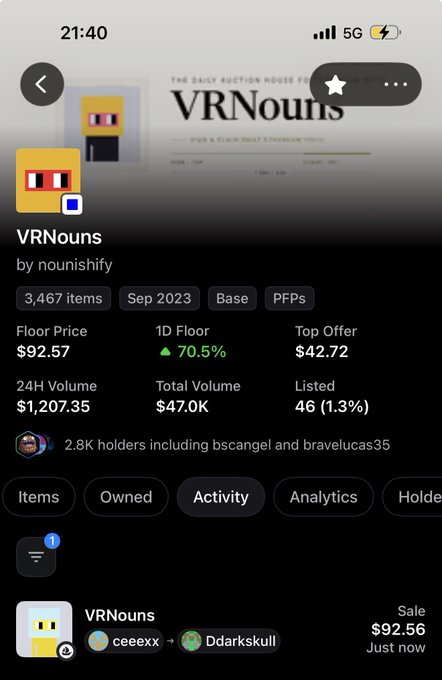 A mobile app screenshot showing VRNouns NFT collection by nounishify, displaying a floor price of $92.57, 24H volume of $1,207.35, and recent activity including a sale for $92.56.
