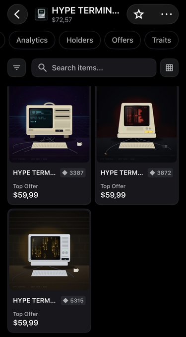 A mobile app interface displays a marketplace listing for 'HYPE TERMIN...' showing a vintage Macintosh-style computer. Multiple NFT items are visible with prices like 'Top Offer $59,99' and prices ranging from $72.57.