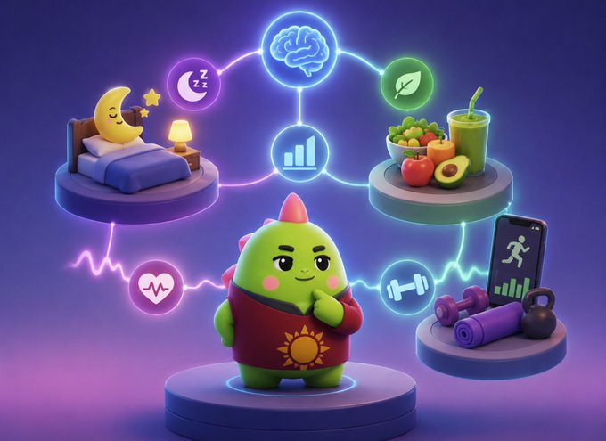 A 3D illustration of a green dinosaur-like character in a red hoodie standing in front of a diagram connecting sleep, nutrition, brain function, exercise, and health metrics.