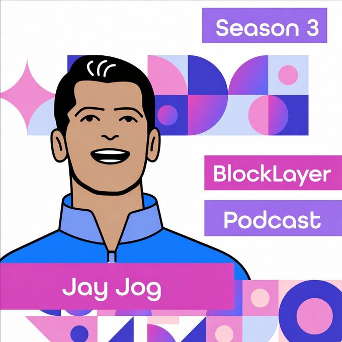 The image features a cartoon depiction of a man wearing a blue shirt with a pink collar. The man has a big smile on his face as if posing for a photo or video. Below him, there are four purple boxes arranged vertically, each containing text related to the podcast they are associated with. The first box is titled "Season 3" and reads "Episode 3", indicating that this is the third season of the podcast. The second box is labeled "Blocklayer" and says "Blocklayer", which refers to a layer in blockchain technology. The third box has the word "Podcast" written on it, signifying that they are discussing podcasts related to the topic. Lastly, there's an additional purple box with the text "Jay Jog". This box contains information about Jay Jog and his role as the founder of Sei Network.