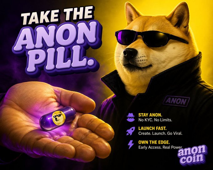 The image features a cartoon dog wearing sunglasses and holding a purple pill over its eye. The background of the image has an image of a person's hand, possibly showing that someone is handing them a small purple pill or the dog itself is holding one in its mouth. Below this scene, there are words in white text stating "Take the Anon Pill." There is also a description of the pill as being able to "boost your energy," "enhance focus & concentration" and other potential benefits.