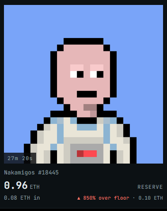 A pixel art NFT portrait on a blue background showing a bald figure with a goatee in a white and blue outfit, labeled 'Nakamigos #18445' with a price of '0.96 ETH' and '850% over floor'.