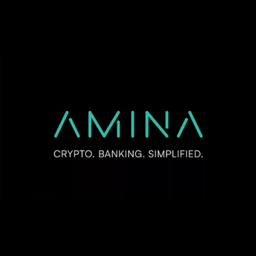 The image displays the AMINA logo in teal text against a black background, with the tagline "CRYPTO. BANKING. SIMPLIFIED." beneath it, visually branding the Swiss crypto bank featured in the news about its potential IPO.