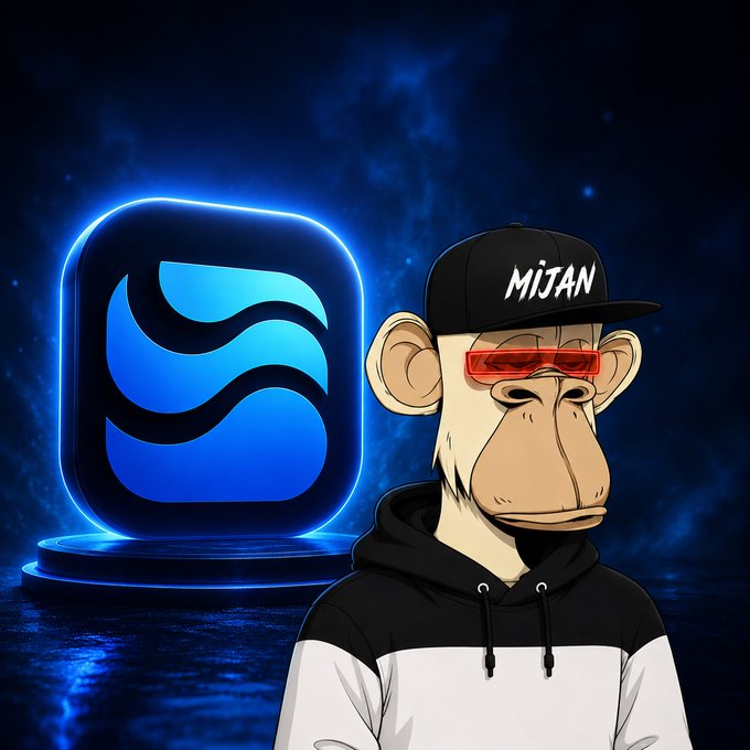 A cartoon monkey wearing a 'MIJAN' cap and red sunglasses stands next to a glowing blue app icon against a cosmic background.