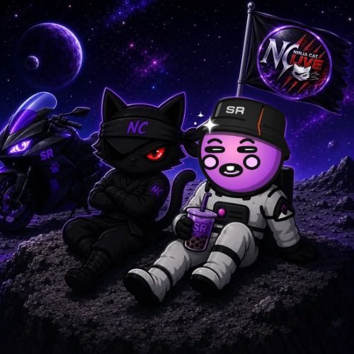 A digital illustration of two anthropomorphic cat mascots sitting on a moon-like surface against a purple cosmic background; one wears a black 'NC' mask and the other drinks boba while wearing a cap and suit labeled 'SR', beside a flag reading 'NINJA CAT LIVE'.