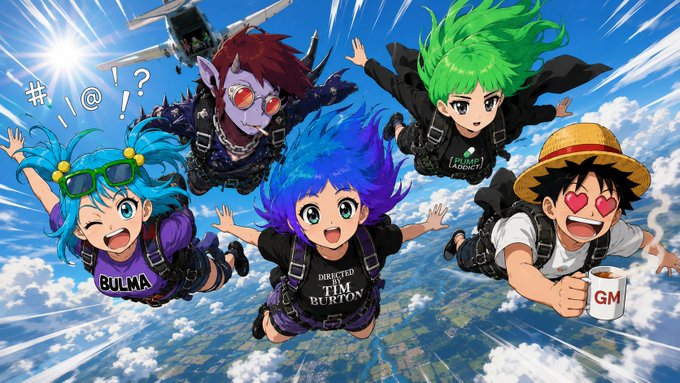 Five anime-style characters skydiving through clouds, wearing shirts labeled 'BULMA', 'DRIFT', 'TIM BURTON', and one holding a 'GM' mug, with a creature labeled 'GM ADDICT'.