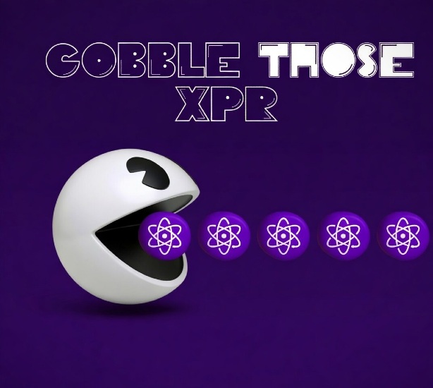 The image features a white Pac-Man character with a mouth open, surrounded by purple circles containing white atoms. The text "Gobble Those XPR" is written above the Pac-Man figure, while "Consumer-friendly, US-based and regulatory compliant blockchain ecosystems are the future. They're also the ones I and many others prefer using." is written below the Pac-Man character.