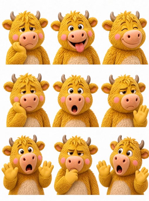 A 3x3 grid of a cartoon yellow cow-like creature displaying various emotions and expressions, including sad, happy, angry, and surprised.