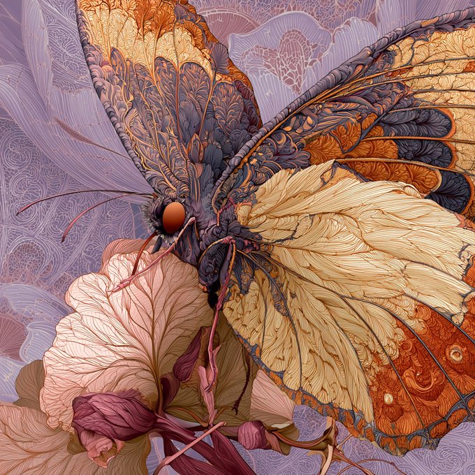 A highly detailed, decorative illustration of a butterfly with intricate orange, cream, and dark purple wings perched on soft pink flowers, rendered in a richly patterned, ornamental style. The artwork fits the "Wings of Summer" theme from the MY BESTIARY collection, showcasing a stunning fusion of botanical and insect motifs typical of nature-inspired digital art.