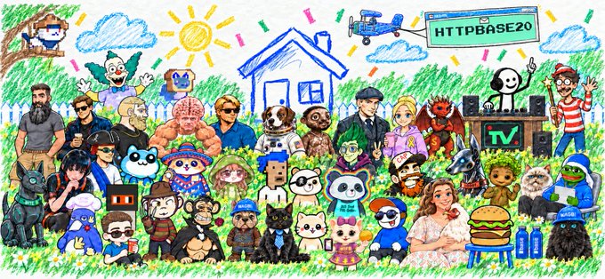 A colorful hand-drawn illustration featuring a large group of diverse characters, animals, and pop culture figures, including a house, sun, airplane, and the text 'HTTPBASE20'.