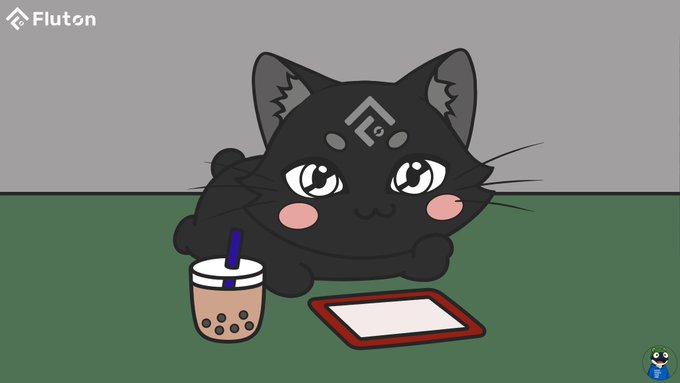 An anime-style illustration of a black cat with a symbol on its forehead, sitting at a table with a cup of bubble tea and an empty boba shop tray, with the 'Fluton' logo in the corner.