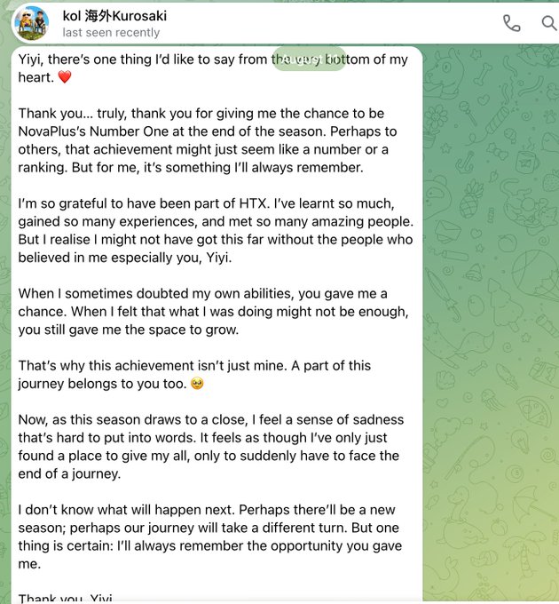 A screenshot of a Telegram message from user "kol 海外Kurosaki" expressing heartfelt gratitude to Yiyi for the opportunity to become NovaPlus's Number One, reflecting on personal growth and the end of a season.