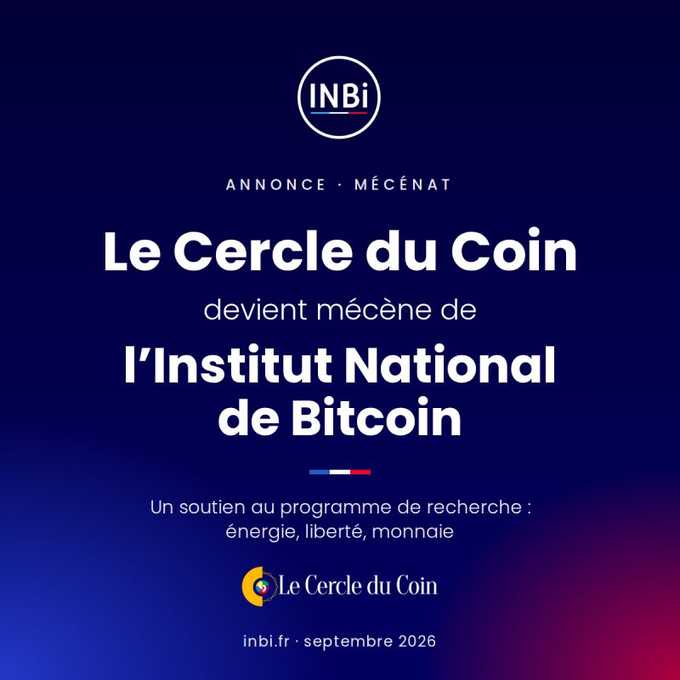 A French announcement from INBi stating 'Le Cercle du Coin devient mécène de l'Institut National de Bitcoin' supporting a research program on energy, liberty, and money, dated September 2026.
