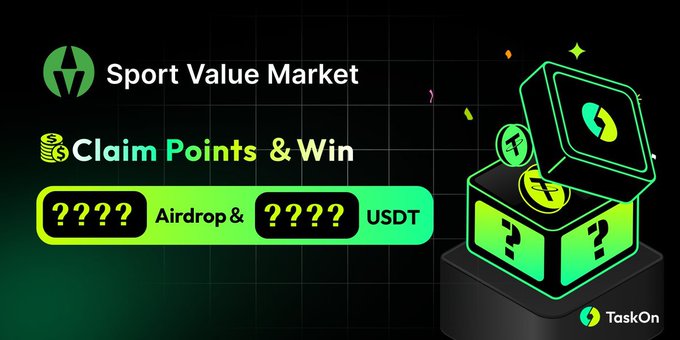 The image is a promotional graphic for "Sport Value Market" featuring a glowing green mystery box with "Claim Points & Win" text and question marks indicating unknown Airdrop and USDT rewards, branded with the TaskOn logo. It visually supports the post's announcement about an upcoming whitelist and airdrop by emphasizing the mystery and potential rewards awaiting participants.