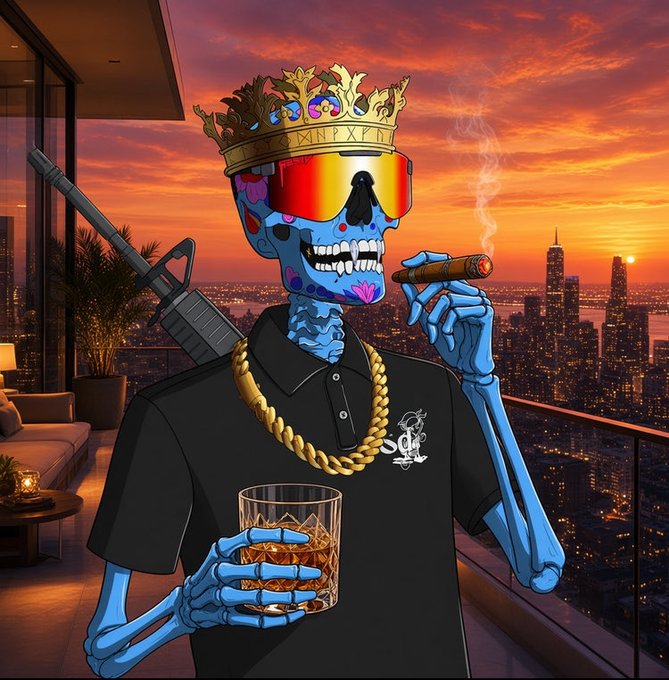 A colorful digital illustration of a blue skeleton wearing a crown, sunglasses, and gold chain, smoking a cigar and holding a glass of whiskey, with a city skyline at sunset in the background.