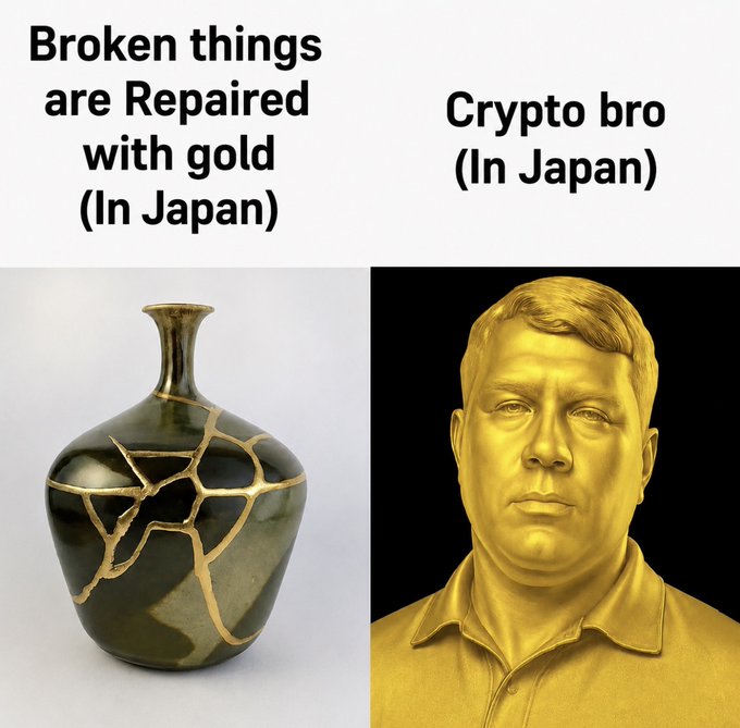The image features a gold statue of a man with a beard, which appears to be broken or damaged. Below the statue, there's text that reads "Broken things are repaired with gold (in Japan)". The caption also includes an image of a gold vase and a gold bust, both of which have been repaired using gold.