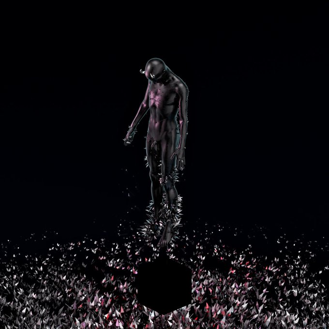 A dark, surreal digital artwork depicts a slender, shadowy humanoid figure standing on a bed of thorny, crystalline shapes against a black background.