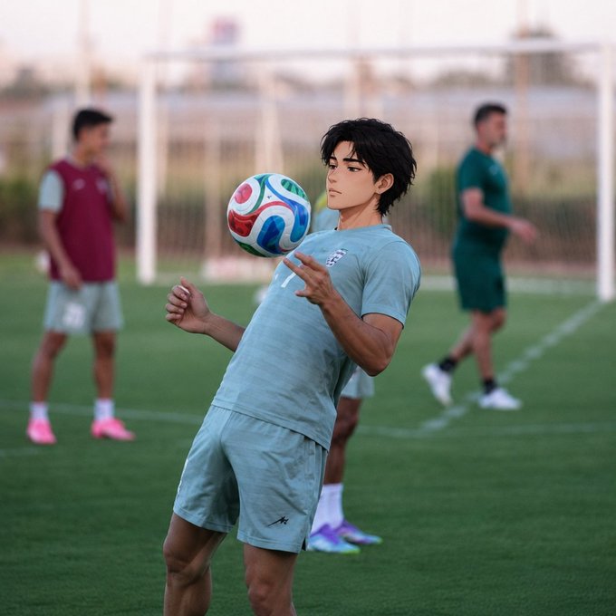 A young soccer player in a light blue uniform skillfully juggles a colorful ball on a grass field, with teammates and a goal post visible in the background, perfectly capturing the "touch grass on a Saturday" vibe.