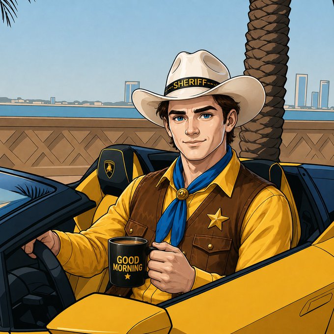 A young sheriff in a cowboy hat and yellow shirt sits in a yellow convertible, holding a black mug labeled "GOOD MORNING" with a star, perfectly matching the cheerful Sunday greeting to friends.