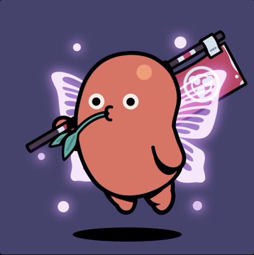 A cute brown blob-like cartoon creature with wings, holding a staff and a flag with a face on it, floating against a dark purple background.
