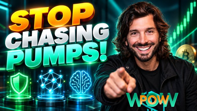 A YouTube thumbnail featuring a smiling man pointing at the camera, with text "STOP CHASING PUMPS!" and the logo "WPOWV" alongside crypto-themed graphics.