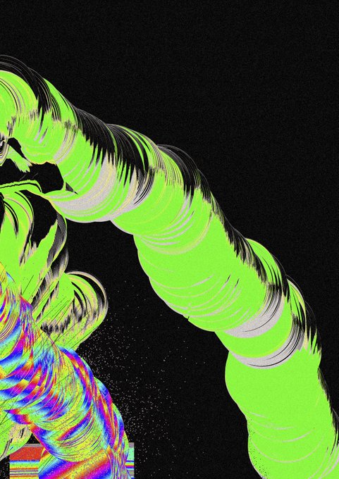 A digital glitch art piece featuring a twisting, neon green serpentine form with rainbow chromatic aberration effects against a black background.