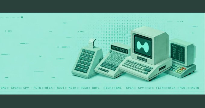 A teal-toned isometric illustration displays vintage computers, cash registers, and monitors with stock ticker text including 'MSTR', 'SPCH', 'SPY', 'FLTR', 'AFLK', 'ROOT', 'NVDA', and 'AAPL' scrolling along the bottom.