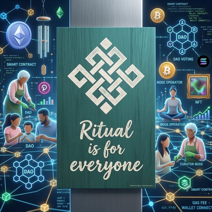 A graphic featuring a Binance logo with the text 'Ritual is for everyone' surrounded by illustrations of DAO, NFT, and smart contract concepts.