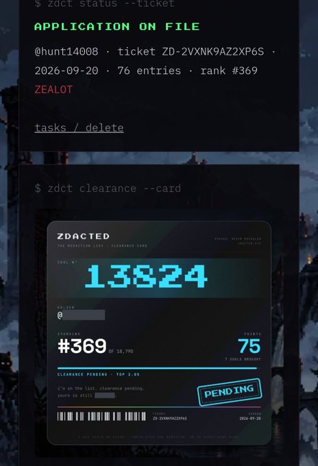 A screenshot showing a ZDACTED clearance card with ticket ZD-2VXNK9AZ2XP6S for user @hunt14008, displaying rank #369 of 18,790 with a pending status and ID 13824.