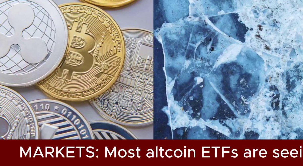 The image shows a collection of coins, including Bitcoin and Etherium, scattered across a table with some coins appearing to be broken or cracked. The text above the coins reads "MARKETS. Most altcoin ETFs are seei".
