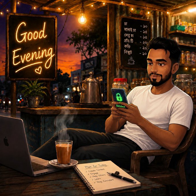 An illustrated scene of a man at a tea stall with a "Good Evening" neon sign, holding a phone displaying a Beldex lock icon, with a laptop, chai, and notebook on the desk.
