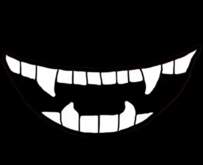 A simple cartoon illustration of a wide, grinning mouth showing teeth with two prominent fangs against a black background.
