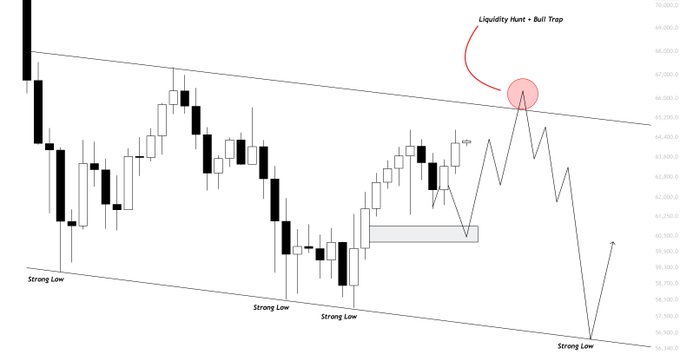 A BTC candlestick chart illustrates a descending channel pattern with multiple "Strong Low" support levels and a projected "Liquidity Hunt = Bull Trap" near the upper trendline around 65-66k, aligning with the post's analysis of a potential short squeeze followed by a dump toward 59-61k.