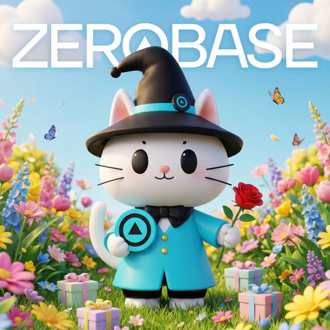 A 3D-rendered illustration of a white cat character dressed in a blue outfit and witch hat, holding a rose and a circular logo, standing in a colorful flower field with the text "ZEROBASE" displayed at the top.
