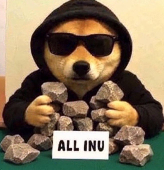 A meme image of a Shiba Inu dog wearing a black hoodie and sunglasses, sitting at a green poker table holding stacks of silver rocks, with a placard reading 'ALL INU'.
