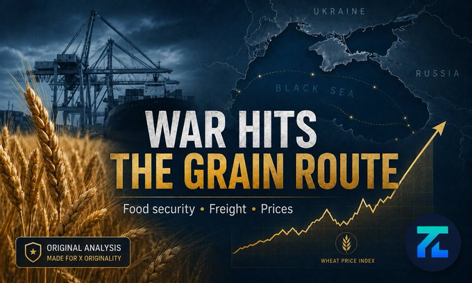 A news graphic titled 'WAR HITS THE GRAIN ROUTE' with subtopics 'Food security • Freight • Prices' shows wheat stalks, a port, and a map of the Black Sea, noting 'ORIGINAL ANALYSIS MADE FOR X ORIGINALITY'.