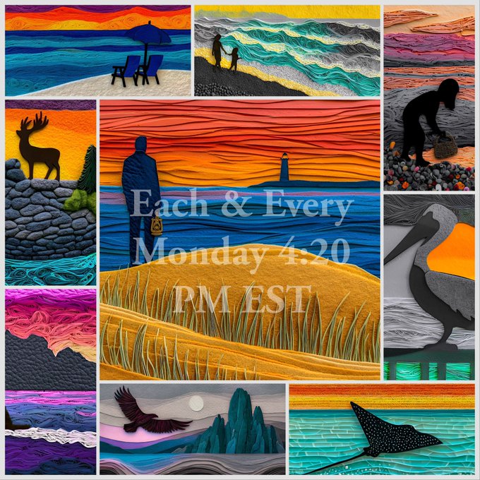 A collage of vibrant, textured fiber-art landscape and wildlife scenes surrounds a central panel displaying the text "Each & Every Monday 4.20 PM EST," promoting a recurring art event on the Drip platform. The post's reference to "Art for Pennies on Drip - Solana" aligns with the image, suggesting the featured textile artworks are available as affordable NFT collections on the Solana blockchain.