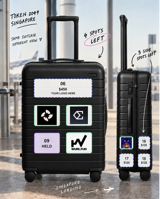A promotional graphic showing two black suitcases labeled "TOKEN 2099 SINGAPORE" with annotations like "4 SPOTS LEFT", "3 SIDE SPOTS LEFT", "SINGAPORE LOADING", and various numbered logo spots including "06 $450 YOUR LOGO HERE", "09 HELD", and "16/17/18 $125".