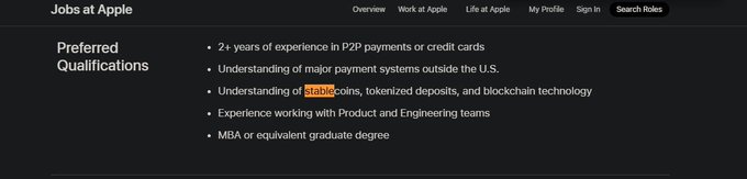 A screenshot of an Apple Jobs listing showing 'Preferred Qualifications' including 2+ years of experience in P2P payments or credit cards, understanding of major payment systems, stablecoins and blockchain technology, and an MBA or equivalent graduate degree.