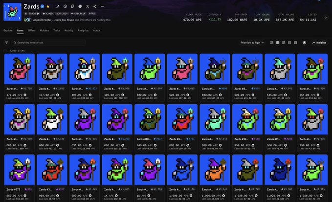 A marketplace page showing various pixel-art 'Zards' NFT collection items with different attributes and prices in WETH, with stats showing 470.00 APE floor price and 182.00 MAPE.