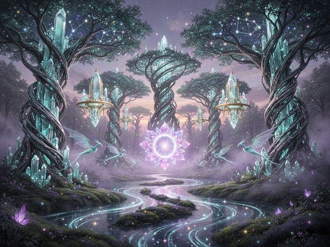 A fantasy artwork depicting a magical forest with glowing crystal trees, floating crystals, a glowing lotus-like portal, and winged creatures in a mystical purple and teal landscape.