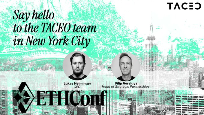 The image features a poster for an event called "ETHCONF", which appears to be taking place in New York City. The poster includes two men's headshots, one of whom is a man named Lukas Heminer. The text on the poster reads "Say hello to the TACEO team in New York City". Additionally, there are two logos present: one for the event and another for a company called "ethconf".