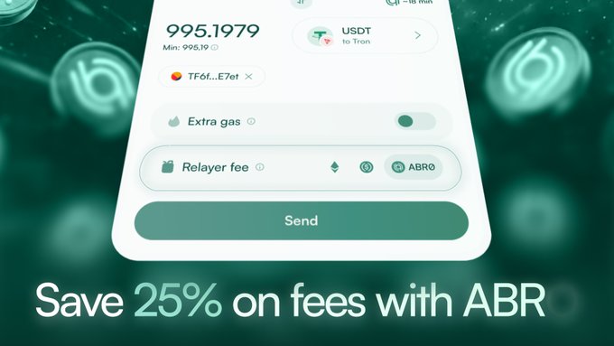 A Tron cryptocurrency transaction interface displays a conversion of USDT to Tron with the text 'Save 25% on fees with ABR' and toggles for 'Extra gas' and 'Relayer fee'.